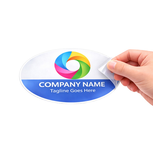 A 2x3 oval static cling decal on a window featuring a custom business logo