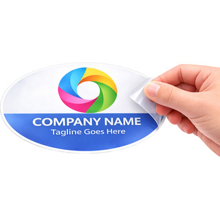 A 1.25x2.5 oval static cling decal on a window featuring a custom business logo