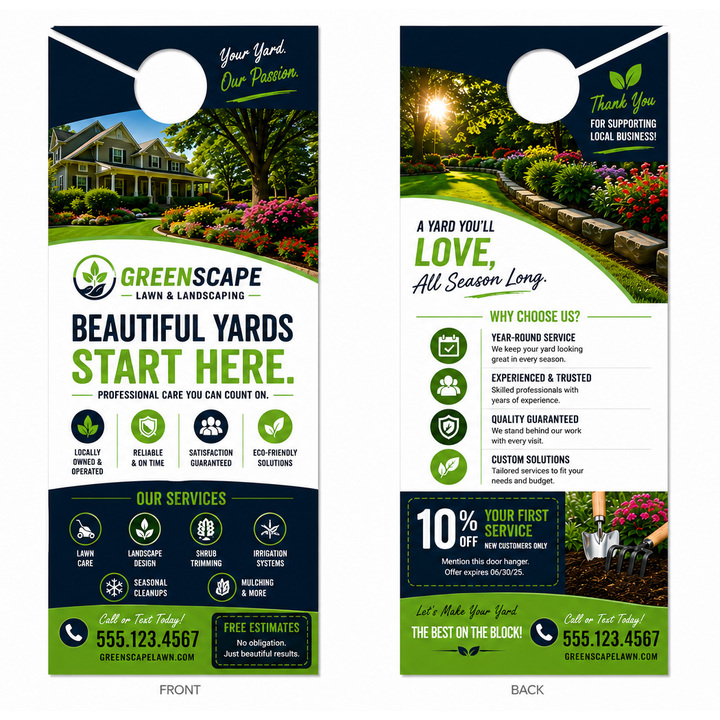 Design your two-sided door hanger online in minutes. Includes UV gloss coat on front side.