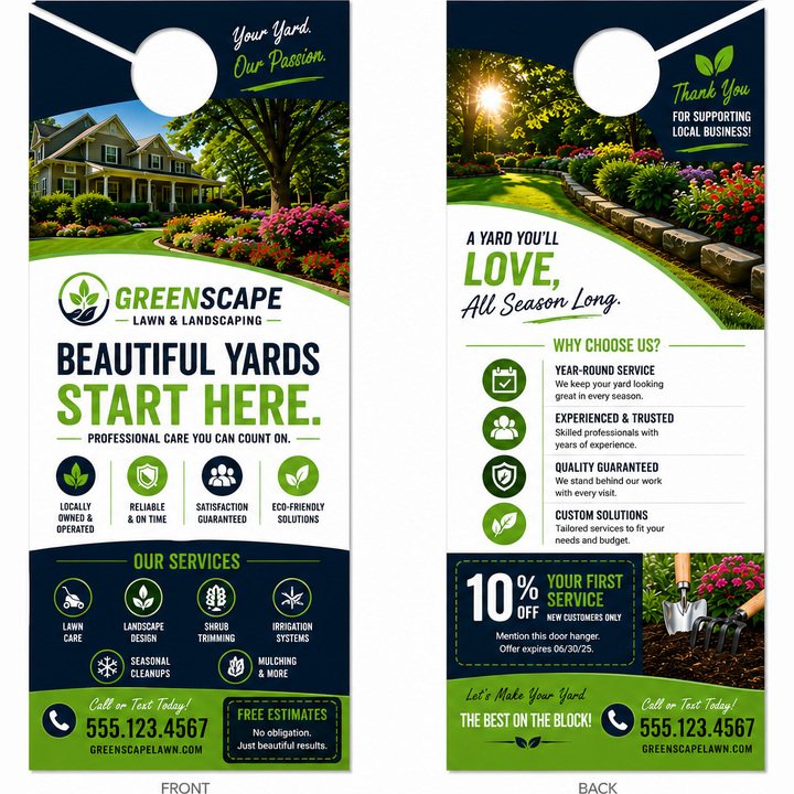 Design your two-sided door hanger online in minutes. Includes UV gloss coat on front side.