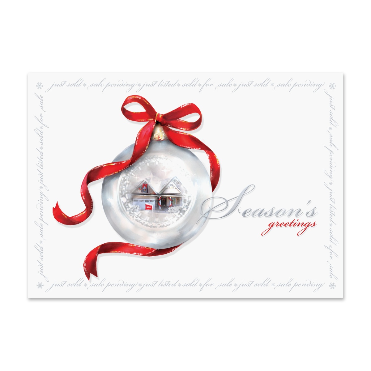 Real estate holiday greeting card featuring a silver ornament with a home inside, red ribbon accents, and a Season's Greetings message.