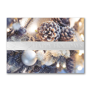 Elegant holiday greeting card with silver and pinecone accents, custom printed.