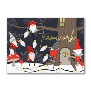 Custom printed holiday greeting cards with gnomes celebrating teamwork