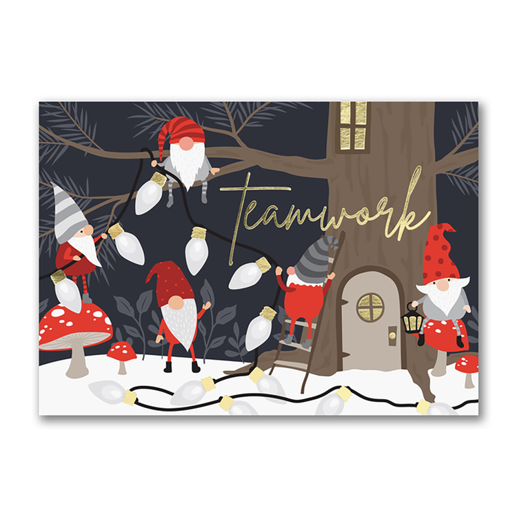 Custom printed holiday greeting cards with gnomes celebrating teamwork