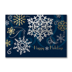 Holiday greeting card custom printed amongst silver and gold snowflake accents
