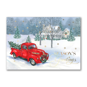 Custom business holiday greeting card featuring a red vintage truck