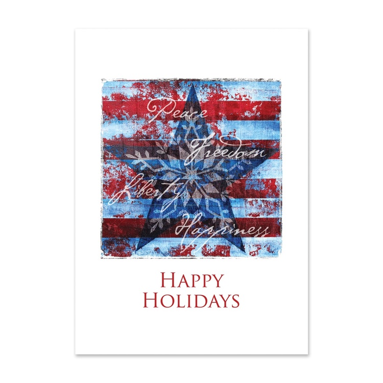 Happy Holidays card featuring a patriotic star design with American flag colors and a message of peace freedom liberty and happiness