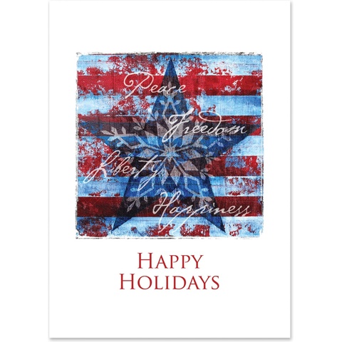 Happy Holidays card featuring a patriotic star design with American flag colors and a message of peace freedom liberty and happiness