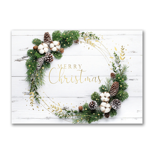 Custom printed business Christmas cards with a wreath on white background