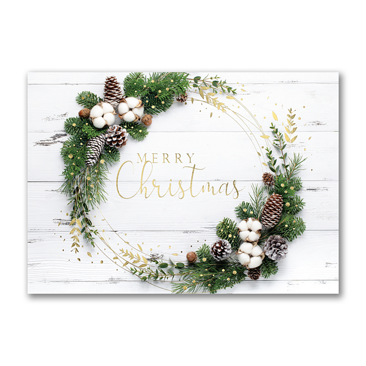 Custom printed business Christmas cards with a wreath on white background