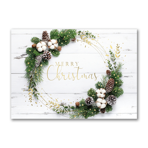 Custom printed business Christmas cards with a wreath on white background