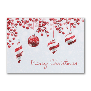 Customize this festive business Christmas greeting card decorated with red and white ornaments