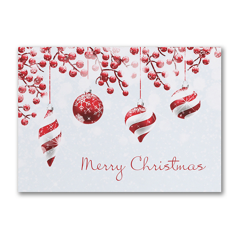 Customize this festive business Christmas greeting card decorated with red and white ornaments