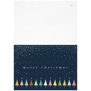 Minimal Merry Christmas card featuring colorful Christmas trees under a snowy night sky