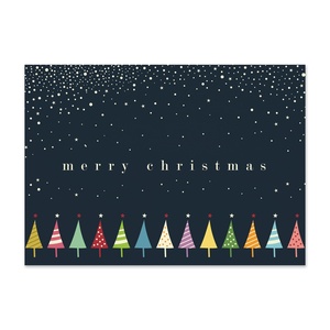 Minimal Merry Christmas card featuring colorful Christmas trees under a snowy night sky