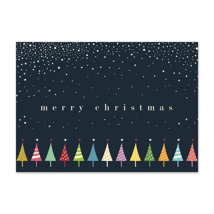 Minimal Merry Christmas card featuring colorful Christmas trees under a snowy night sky