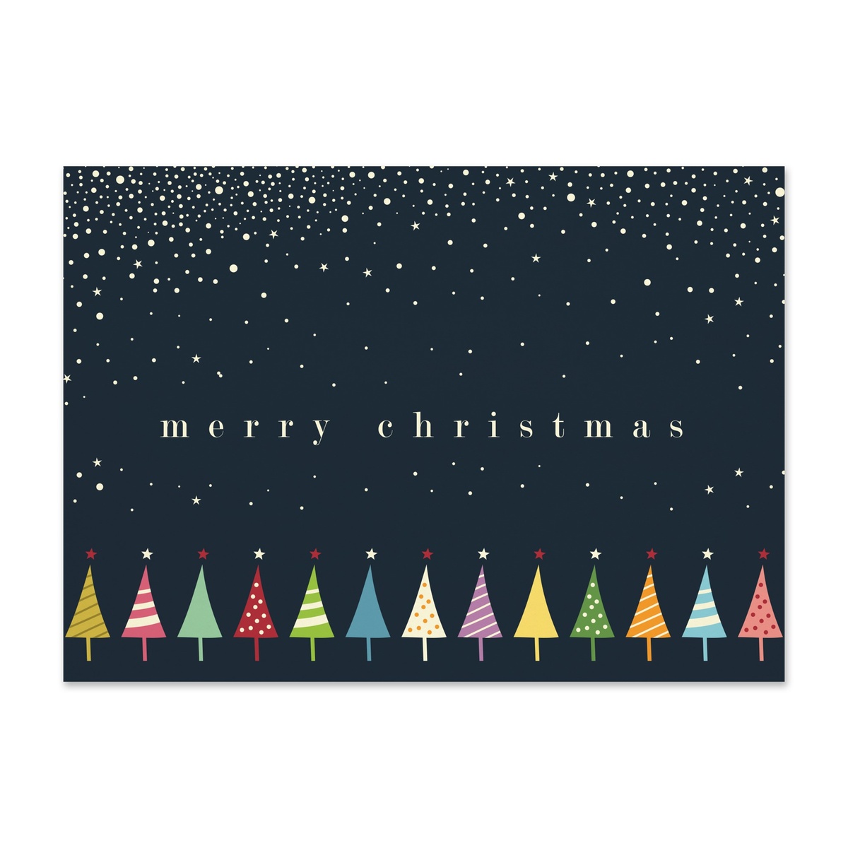 Minimal Merry Christmas card featuring colorful Christmas trees under a snowy night sky