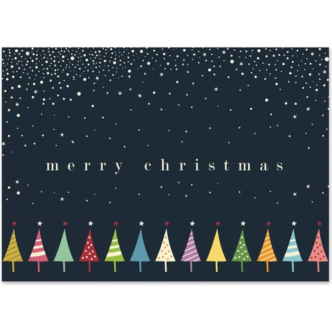 Minimal Merry Christmas card featuring colorful Christmas trees under a snowy night sky