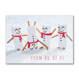 Cute marshmallow snowmen playing in the snow with red scarves on this holiday card