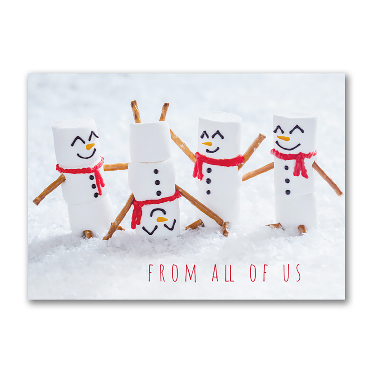 Cute marshmallow snowmen playing in the snow with red scarves on this holiday card