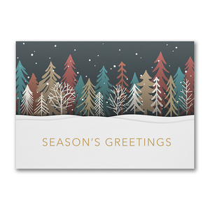 Season’s Greetings holiday card with colorful winter trees and snowy landscape