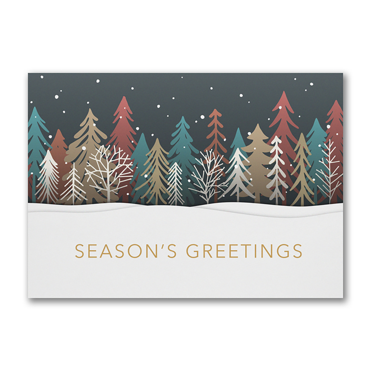 Season’s Greetings holiday card with colorful winter trees and snowy landscape