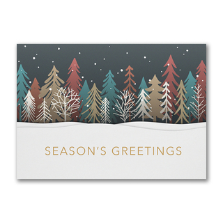 Season’s Greetings holiday card with colorful winter trees and snowy landscape