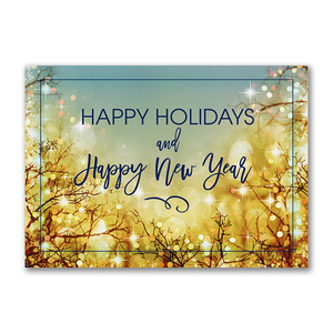 Festive Happy Holidays and Happy New Year greeting card with glowing lights and tree branches