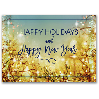 Festive Happy Holidays and Happy New Year greeting card with glowing lights and tree branches