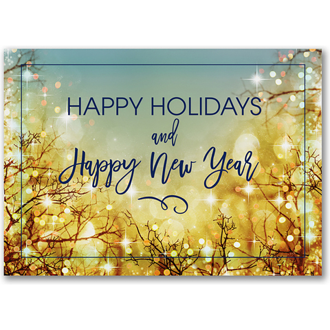 Festive Happy Holidays and Happy New Year greeting card with glowing lights and tree branches