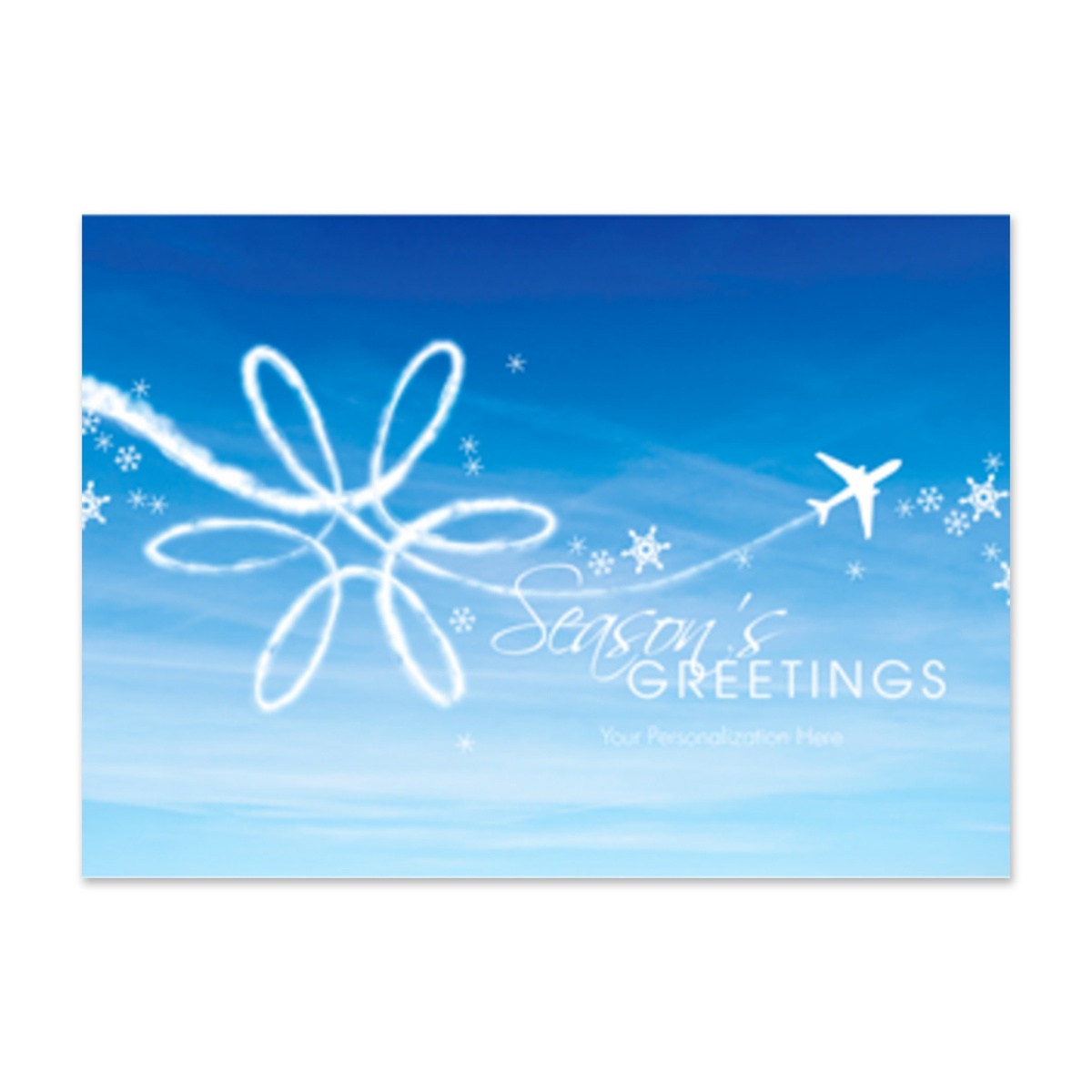 Corporate holiday card featuring an airplane creating a snowflake in the sky with Season's Greetings message, ideal for airlines and travel companies