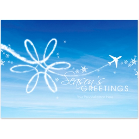 Corporate holiday card featuring an airplane creating a snowflake in the sky with Season's Greetings message, ideal for airlines and travel companies