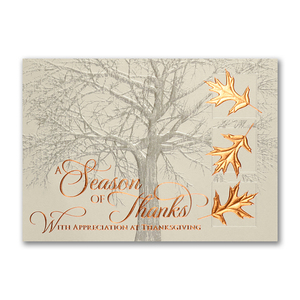Elegant Thanksgiving card with copper leaves and a winter tree background