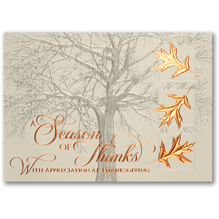 Elegant Thanksgiving card with copper leaves and a winter tree background
