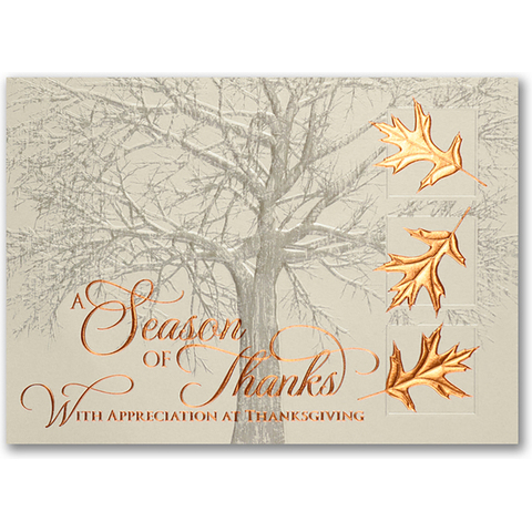Elegant Thanksgiving card with copper leaves and a winter tree background