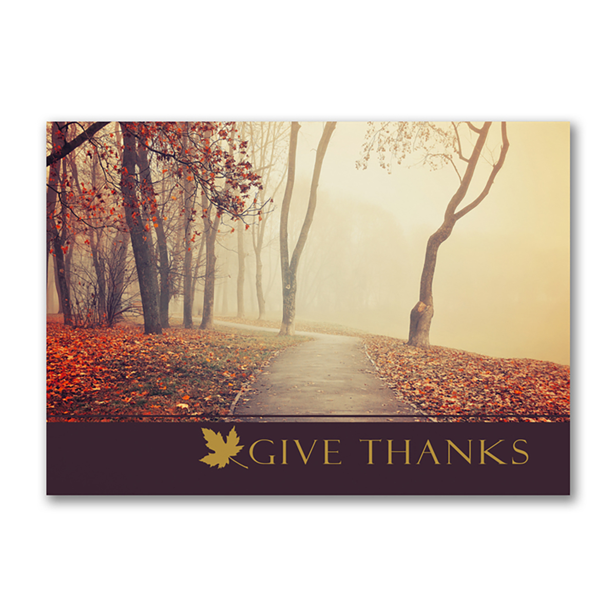 Thanksgiving card featuring a misty autumn park path with colorful fall leaves