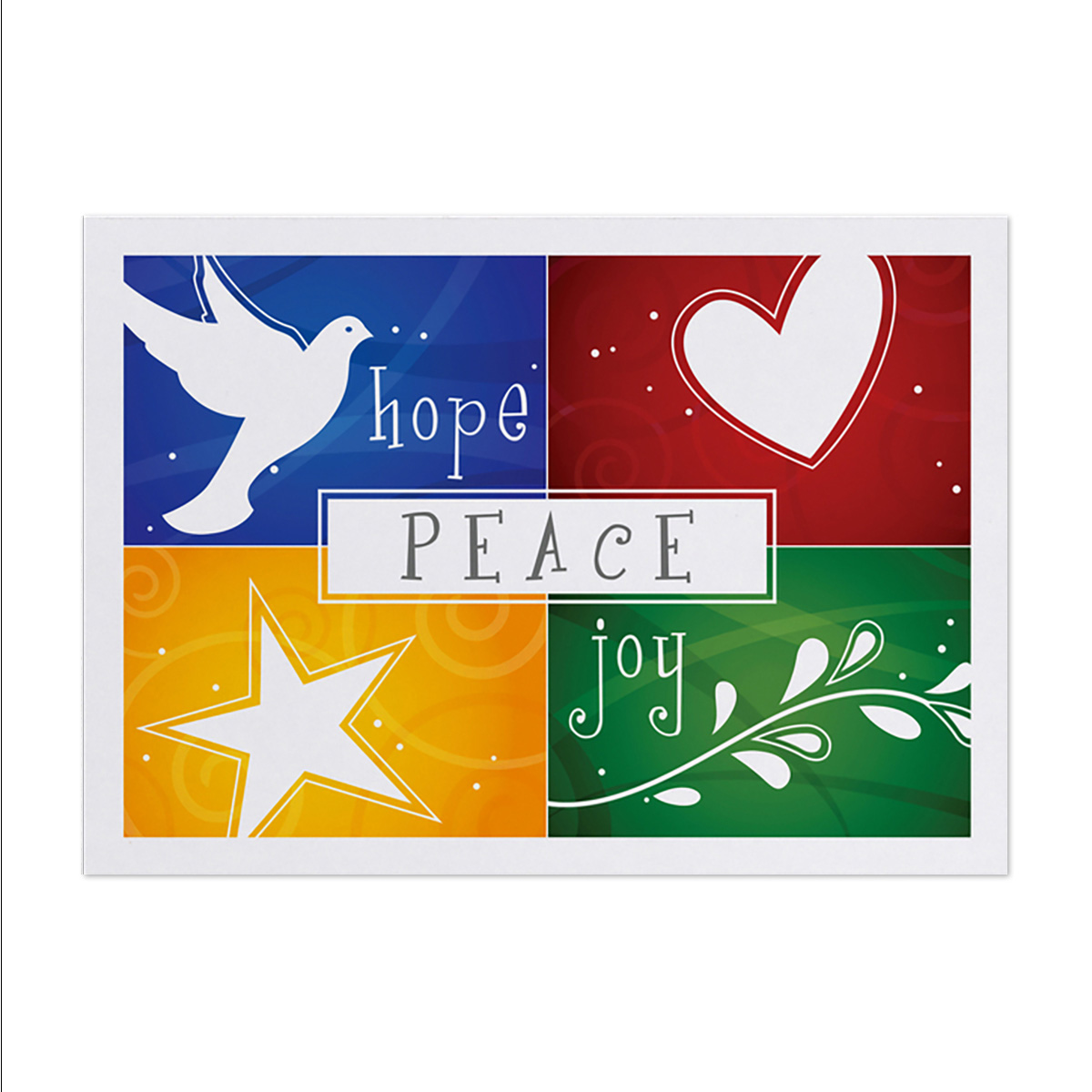 Colorful holiday card featuring symbols of hope peace and joy with dove heart star and branch