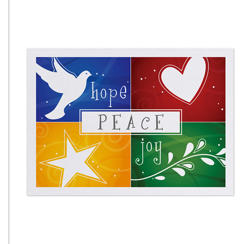 Colorful holiday card featuring symbols of hope peace and joy with dove heart star and branch