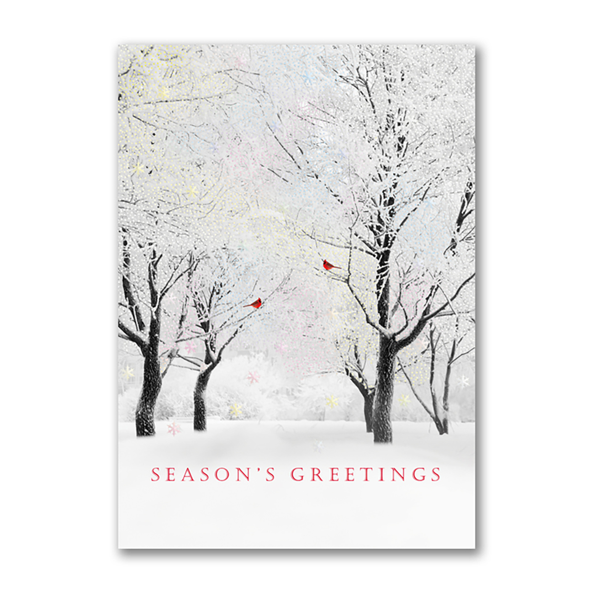 Season’s Greetings card with shimmering snowy trees and red cardinals in a winter forest