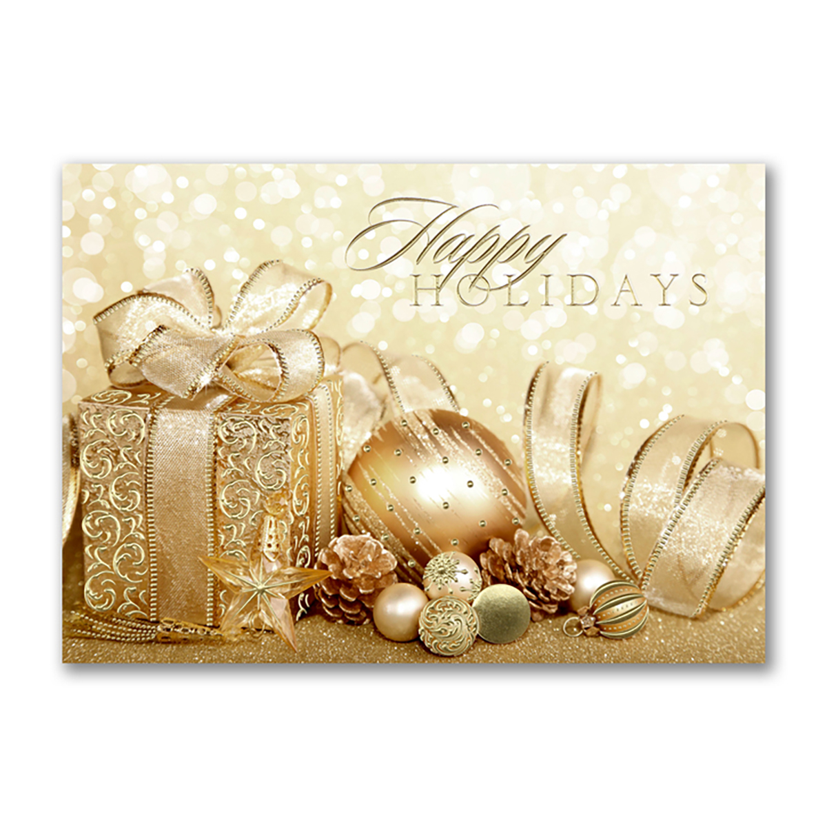 Elegant Happy Holidays card featuring gold gift boxes ornaments ribbons and festive decorations