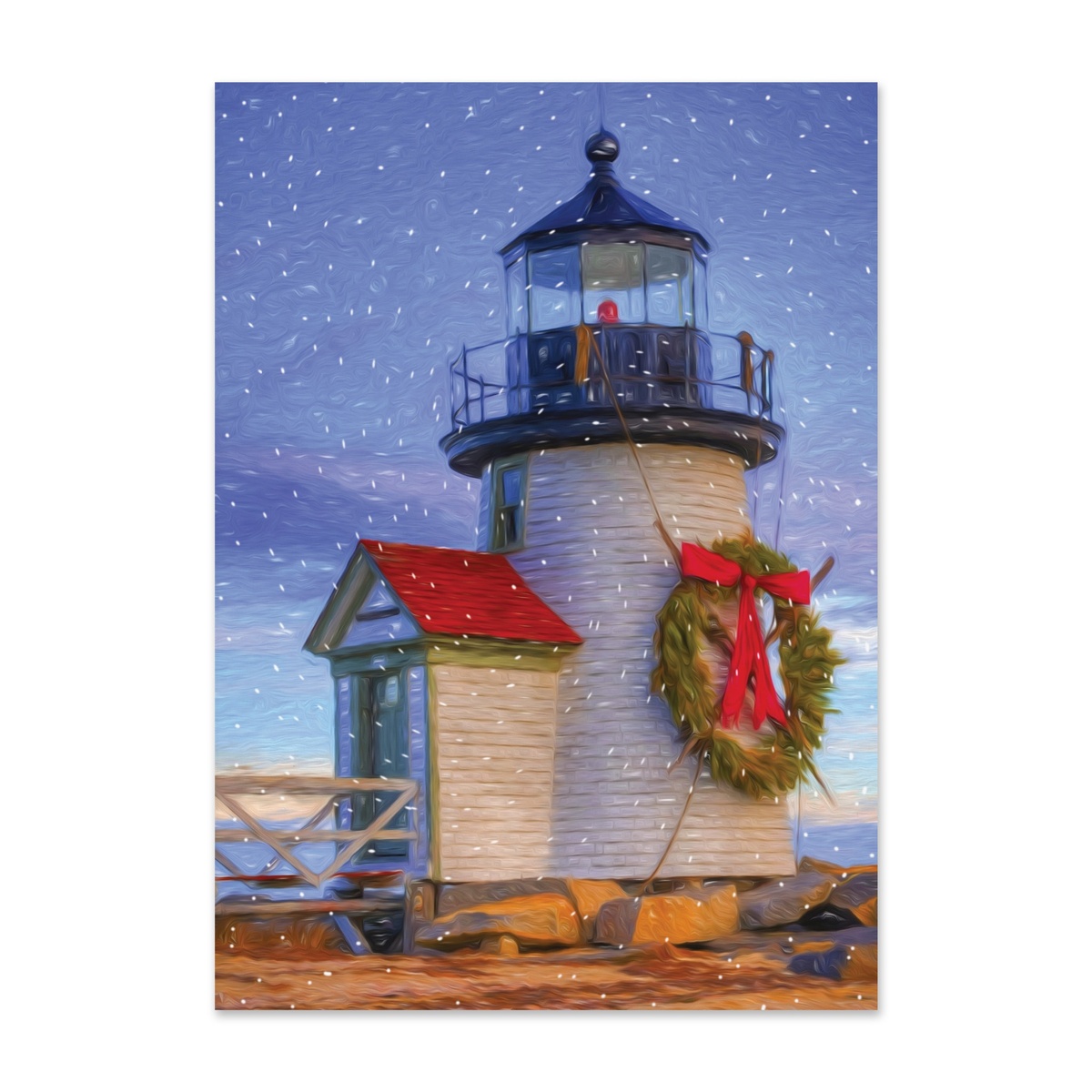 Holiday card featuring a coastal lighthouse decorated with a Christmas wreath and red bow in a snowy winter setting