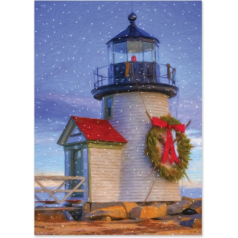 Holiday card featuring a coastal lighthouse decorated with a Christmas wreath and red bow in a snowy winter setting
