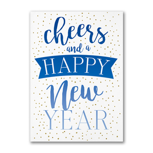 Modern New Year card with blue typography and gold confetti reading Cheers and a Happy New Year