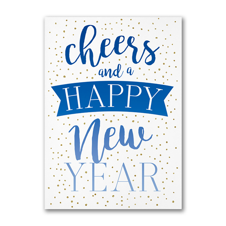 Modern New Year card with blue typography and gold confetti reading Cheers and a Happy New Year
