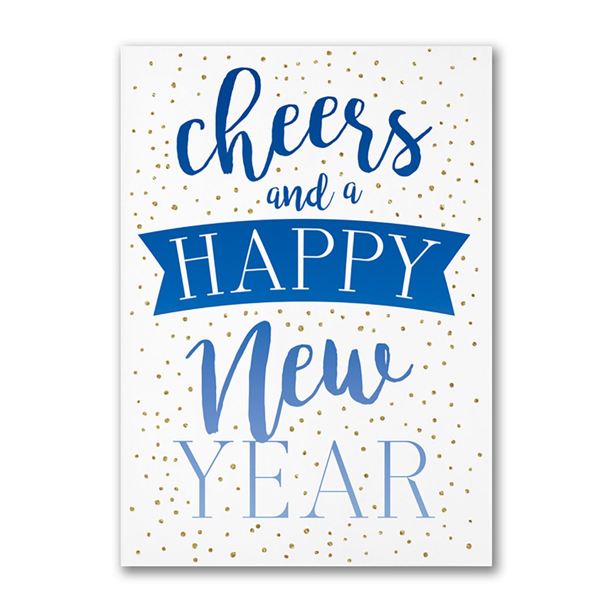 Modern New Year card with blue typography and gold confetti reading Cheers and a Happy New Year