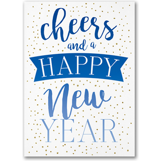 Modern New Year card with blue typography and gold confetti reading Cheers and a Happy New Year
