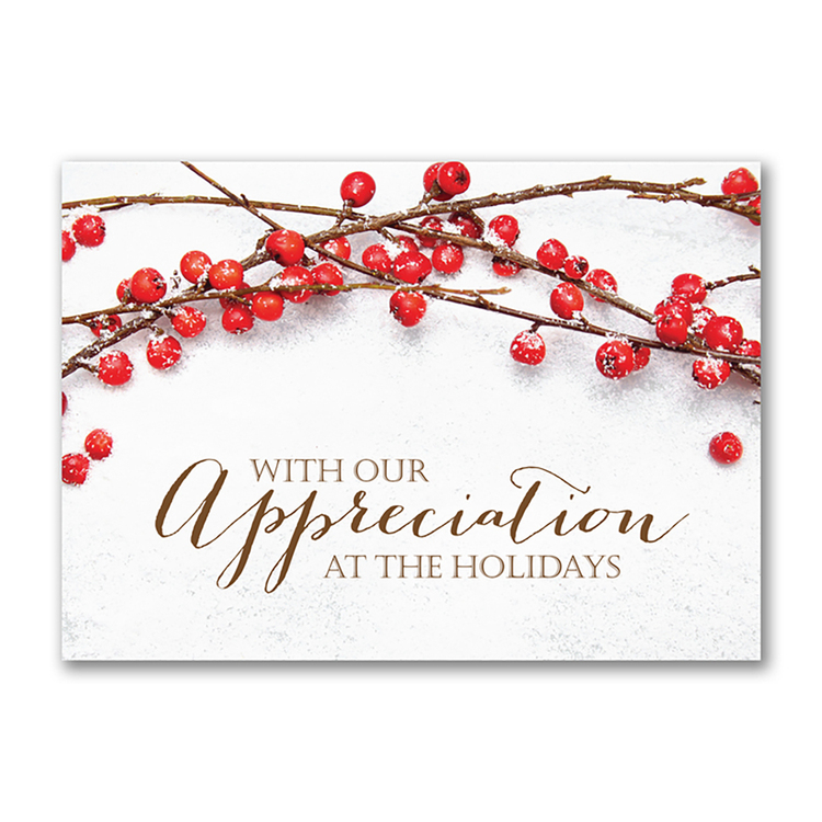 Holiday appreciation greeting card featuring snow-dusted red berries and elegant seasonal message