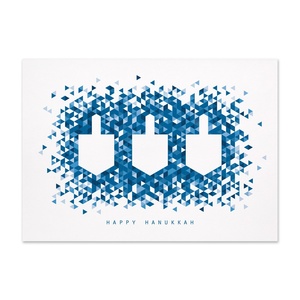 Modern Hanukkah greeting card featuring blue geometric candle shapes in a contemporary mosaic design