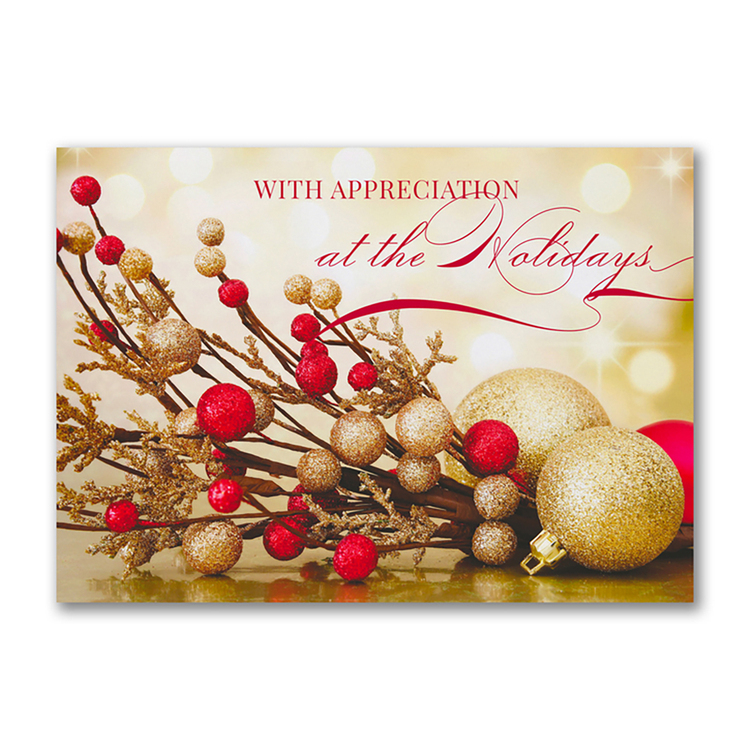 Holiday appreciation card featuring gold ornaments red berries and festive seasonal decorations