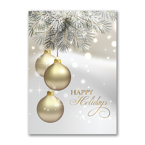 Happy Holidays card featuring elegant gold ornaments hanging from frosted evergreen branches